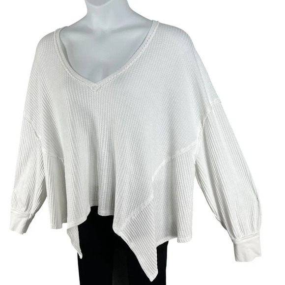 Free People Women Large White Caroline Thermal Top Asym Hem Waffle Knit Pullover - Picture 3 of 13